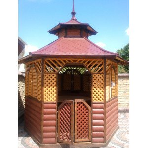 Варіант №63, діаметр 3м, 6 кутів, матеріал - ялина європейська (смерека). Стіл і лавки у комплекті.